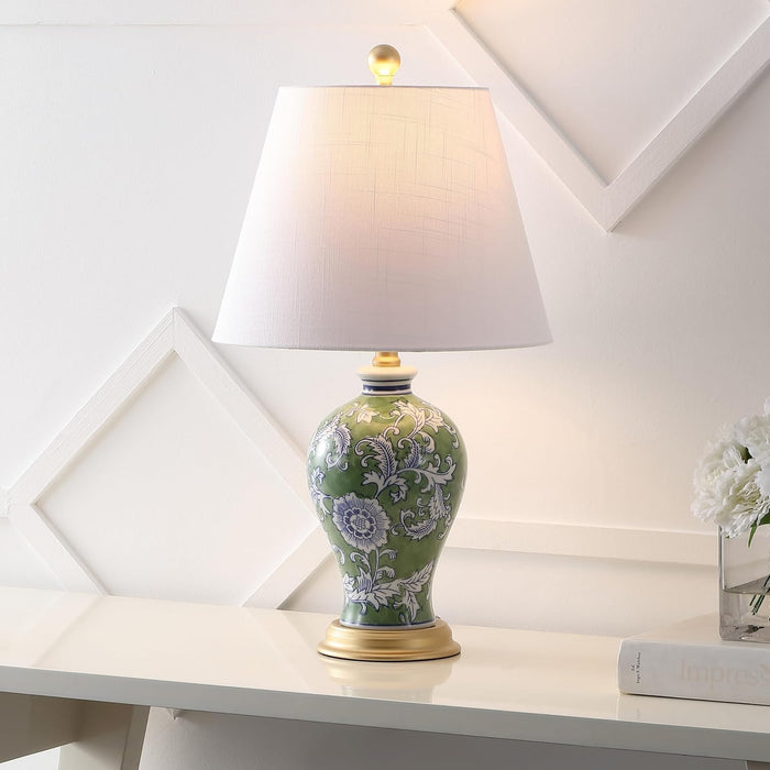 Grace 24" French Country Floral Urn Ceramic Lamp, Green/White