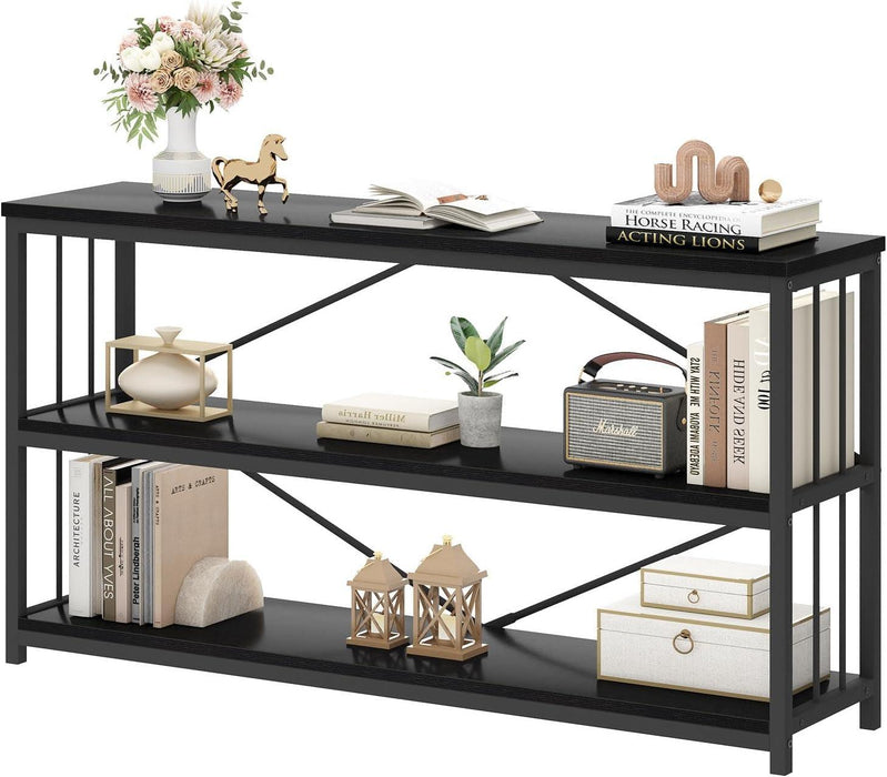 Black Long Bookshelf, Large Wood Wide Horizontal Bookcase under Window, Modern Long Open Book Shelf for Bedroom Living Room, Industrial Wooden Metal Bookshelves for Home Office, Black Oak, 63 Inch