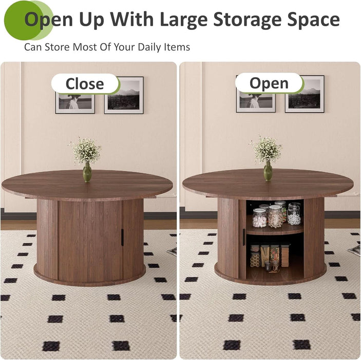 Dining Table for 4-6, 63“Extendable round Dining Room Kitchen Table with 2-Tier Storage Shelf, Fluted Wood Table with Slide Door, Expandable Wood Oval Dinner Furniture with Pedestal Base (Walnut)