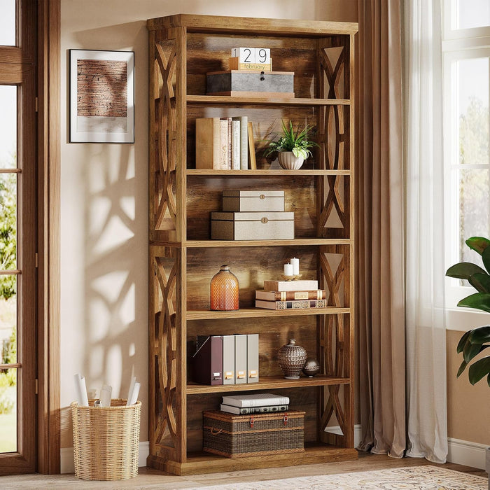 Rustic Brown Six Tier Freestanding Bookshelf Office