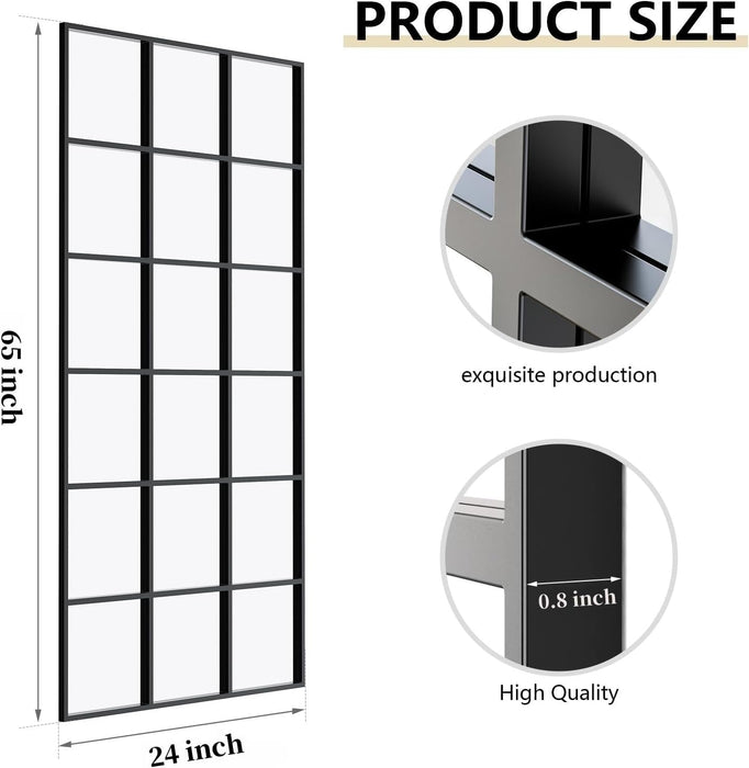 Windowpane Full Length Mirror, 65"X 24" Floor Standing Mirror, Black