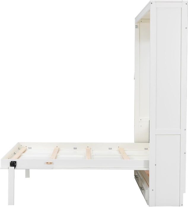 Full Size Murphy Bed with Drawers, Solid Wood Murphy Bed Cabinet, Storage Bed Cabinet for Bedroom, Office, Space-Saving, No Box Spring Needed, Beige