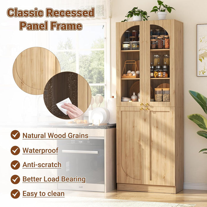 80" Arched Bookcase with Tempered Glass & Soft Close Doors, 2 Set | Tall Bookshelf with Storage, Wooden 6-Tier Pantry Cabinet with Seamless Fit Wall for Home Office, Living Room, Kitchen