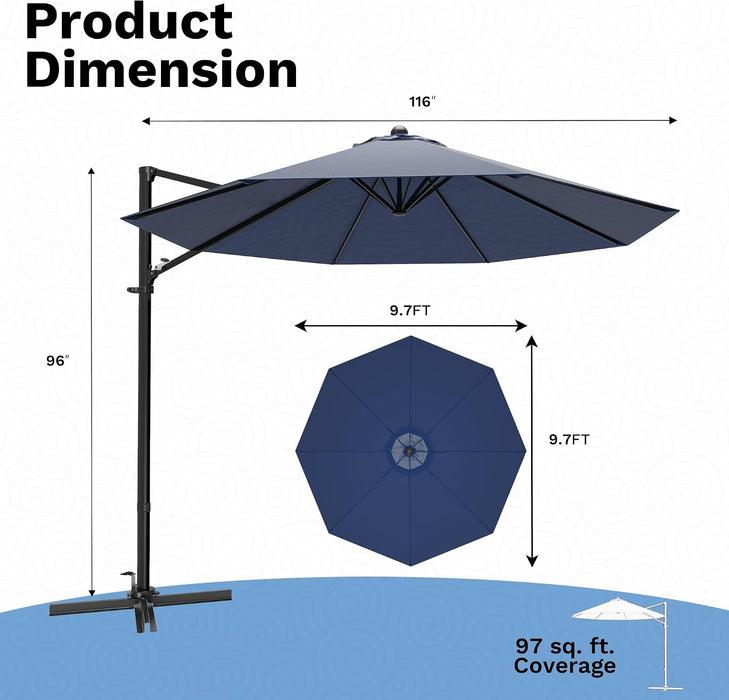 10Ft Cantilever Patio Umbrella, round Large Outdoor Umbrella with 360-Degree Rotation, Hanging Offset Market Sun Umbrella, Easy Tilt and Heavy-Duty Frame, for Patio Backyard Garden, Navy Blue