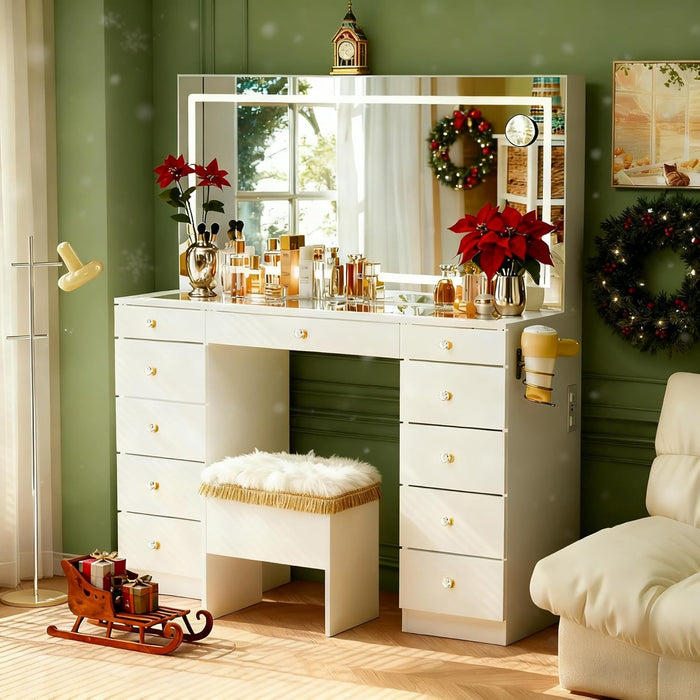 Glass Top Vanity Desk with Crystal Handles, 11 Drawers Makeup Vanity with Mirror and Stool, 3 Lighting Modes Dressing Table, Power Outlet, Silent Slides, White
