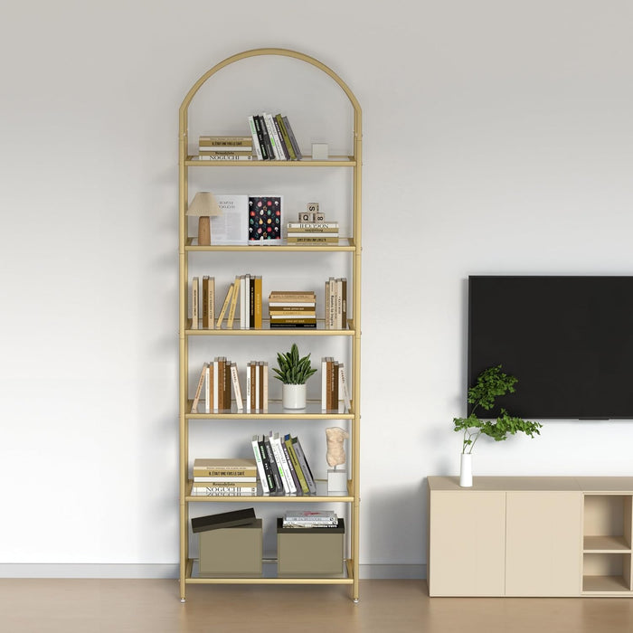 Goldtone StainlessSteel TemperedGlass SixTier Bookshelf
