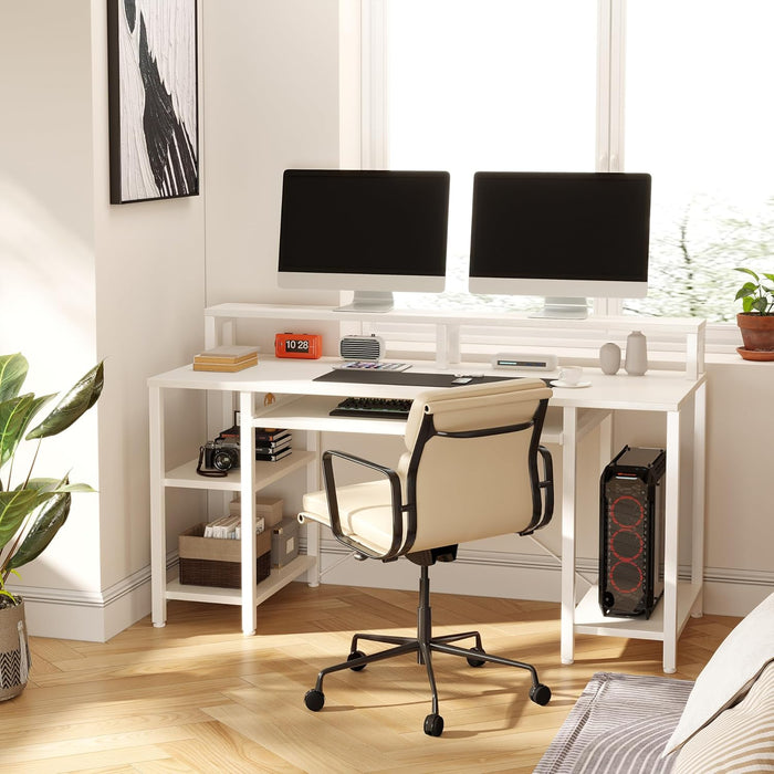 48 Inch Computer Desk, Home Office White with Keyboard Tray, Gaming with Full Monitor Stand, Storage Shelves & CPU Stand, Modern Study Writing Table Studio Work with Shelf
