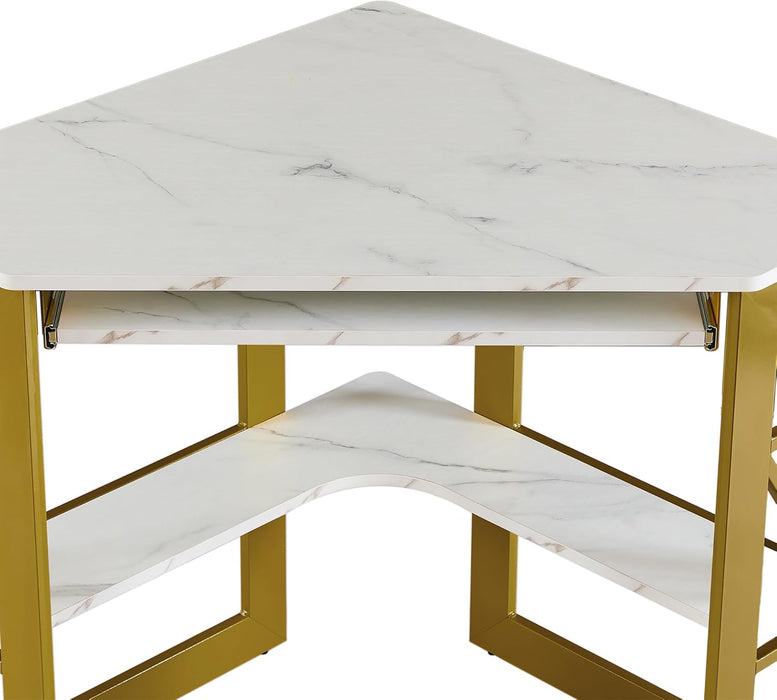 Corner Computer Desk 41 X 30 Inches with Smooth Keyboard & Storage Shelves for Home Office Workstation,White & Gold