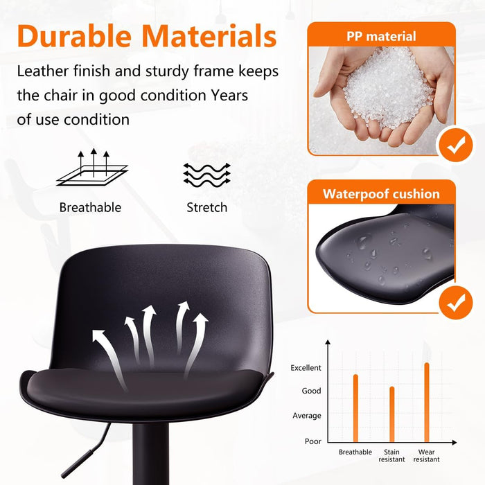 Black Bar Stools Set of 2 Adjustable Counter Height Barstools Modern PU Leather Swivel Tall Bar Chairs Upholstered Bar Stool with Back for Kitchen Island