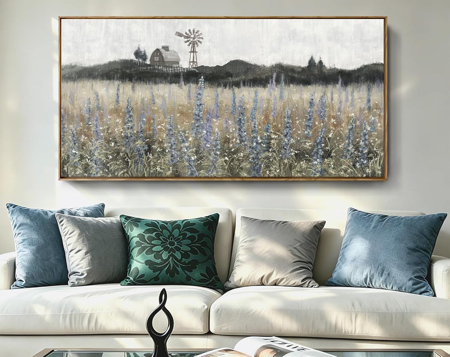 Large Vintage Framed Canvas Wall Art for Living Room, Rustic Farmhouse Countryside Windmill and Barn Landscape Painting, Retro Wildflower Field Meadow Print, 48"X24" Ready to Hang