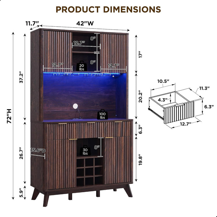 72 Inch WalnutFinish Wine Cabinet Illuminating Display