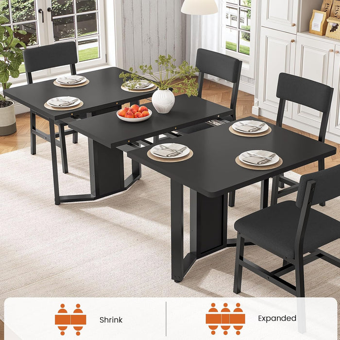5-Piece Dining Table Set for 4-6 People, 63" Extendable Kitchen Table and 4 Cushion Chairs, Dining Room Table with MDF Board & Metal Frame for Small Space, Easy Clean, Black
