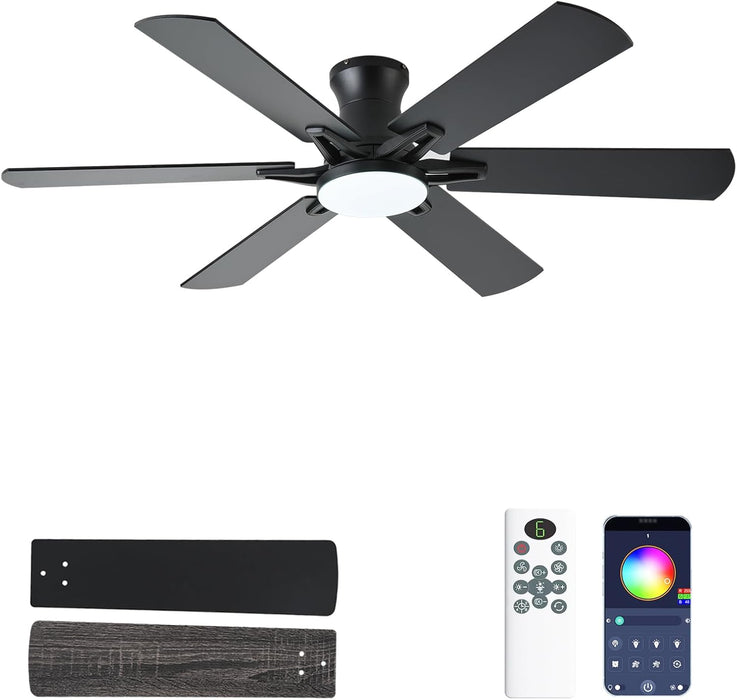 Ceiling Fans with Lights, 52 Inch Low Profile Ceiling Fan with Light and Remote, Flush Mount, Quiet, Reversible, 3CCT, Dimmable, Black RGB Ceiling Fan for Bedroom, Living Room, Indoor/Outdoor