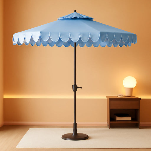 Outdoor - Valance 9-Foot Crank Patio Umbrella - Baby Blue & White Canopy - Brown Aluminum Pole - Decorative Petal Valance Trim - Ideal for Patio, Deck, Poolside, Backyard (PAT8006U)
