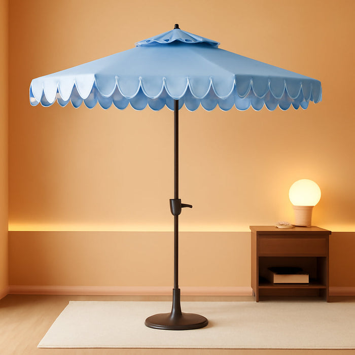 Outdoor - Valance 9-Foot Crank Patio Umbrella - Baby Blue & White Canopy - Brown Aluminum Pole - Decorative Petal Valance Trim - Ideal for Patio, Deck, Poolside, Backyard (PAT8006U)