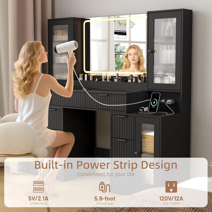 55" Vanity Desk with Mirror & Lights, Fluted Makeup Vanity with 8 Drawers & 4 Cabinets, Tempered Glass Top, RGB Cabinet Lighting, 3-Color Dimmable Mirror, and Charging Station
