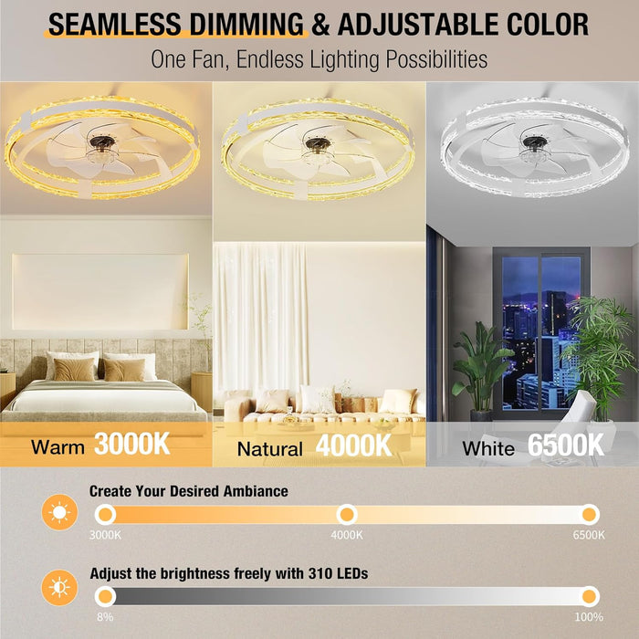 Ceiling Fans with Lights and Remote, 20'' Low Profile Flush Mount Ceiling Fan with 6 Speeds & 3 Color Temperature, 3000-6500K Dimmable Led Fandelier for Bedroom Livingroom, White