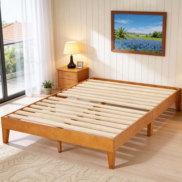 12 Inch Solid Wood Platform Bed with Wooden Slats, No Headboard, No Box Spring Needed, Easy Assembly, Queen