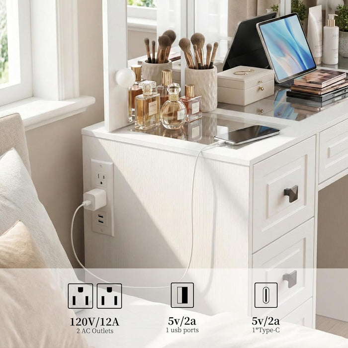 White Lighted Vanity Desk, Tri-Fold Mirror, 5 Drawers, Outlets | Retro Dressing Table with Lights, 5-Drawer Vanity Desk for Women & Girls, Vintage with Glass Top,Hair Dryer Holder