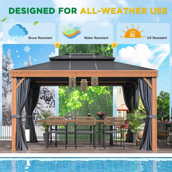10'X13' Hardtop Gazebo Outdoor Aluminum Wood Grain Gazebos with Galvanized Steel Roof and Mosquito Net for Patios, Deck, Backyard, Curtains & Netting