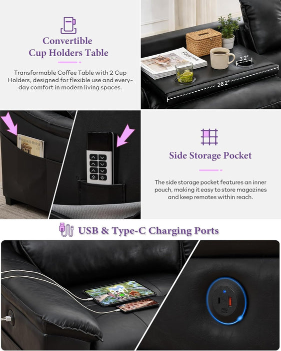 Electric Reclining Sectional Couch, Power Recliner Sofa W/Usb & Type-C Charging Ports and Cup Holders, Leather Reclining Sofa for Living Room, Home Theater