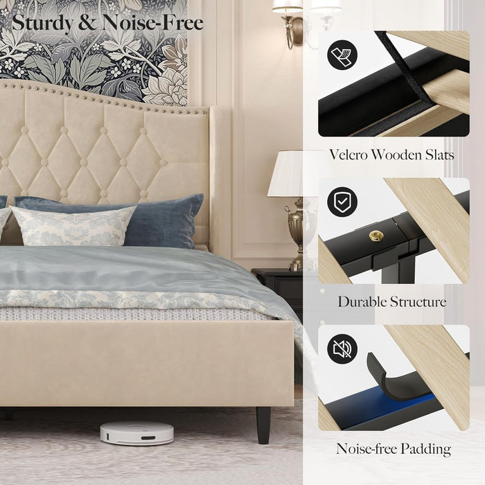 Full Size Bed Frame with Headboard, Luxury Upholstered Velvet Platform Bed with Wingback, Button Tufted & Nailhead Trim, Anti-Slide Tall Footboard, No Box Spring Needed, Noise-Free, Beige