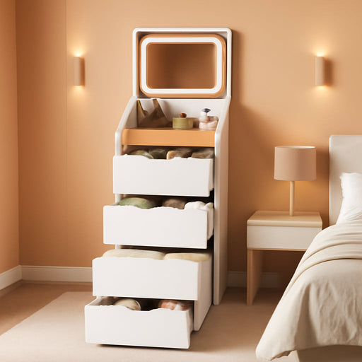 Compact Vanity Desk with Mirror and Lights, 19 Inch Hidden Makeup Vanity Cabinet with Storage Drawers & Shelves, Small Vanity Table for Bedroom, Flip Top Vanity for Small Spaces, White