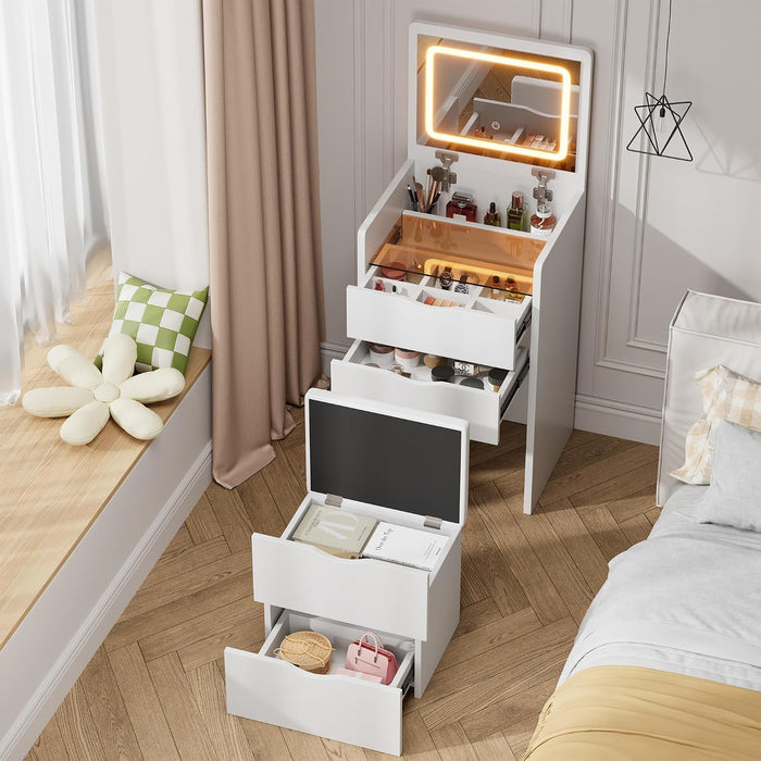 Compact Vanity Desk with Mirror and Lights, 19 Inch Hidden Makeup Vanity Cabinet with Storage Drawers & Shelves, Small Vanity Table for Bedroom, Flip Top Vanity for Small Spaces, White
