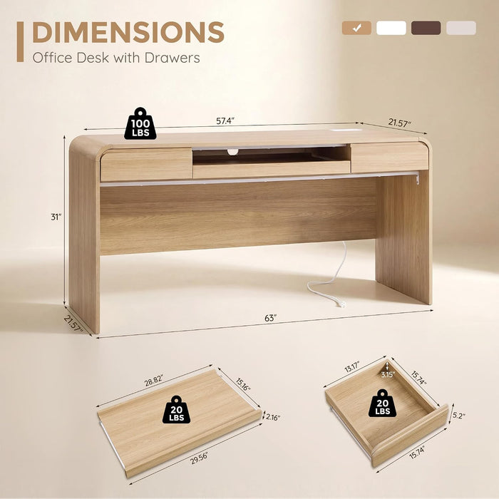 63" Modern Computer Desk with 2 Drawers, Wood Curved (Natural)