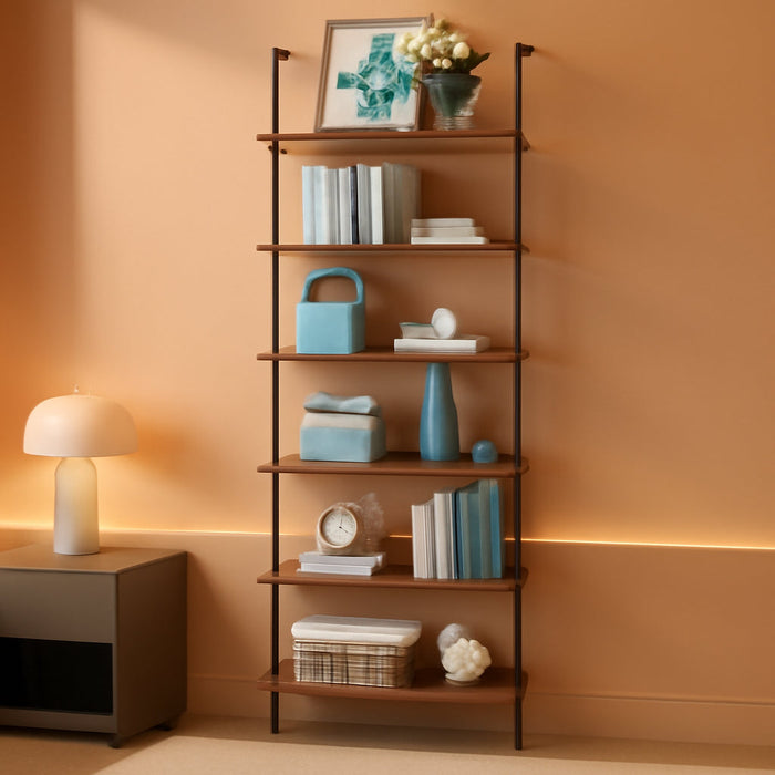 6-Tier Ladder Shelf, 87 Inches Wall Mounted Ladder Bookshelf with Metal Frame, Open Industrial Shelves for Home Office, Bedroom and Living Room, Rustic Brown