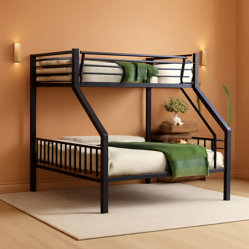 Twin XL over Queen Bunk Bed for Adults, Heavy Duty Metal Bunk Beds with Safety Guardrails & EVA Padded Ladder, Twin XL over Queen Bunk Beds Frame with Noise-Free Slats, Space-Saving(Black)