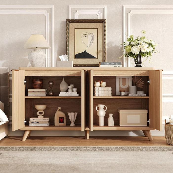 63" Fluted Sideboard Buffet Cabinet with Storage, Modern Curved Wood Credenza Media Console, Heavy Duty Coffee Bar Station with Adjustable Shelves for Kitchen, Living Room, Natural