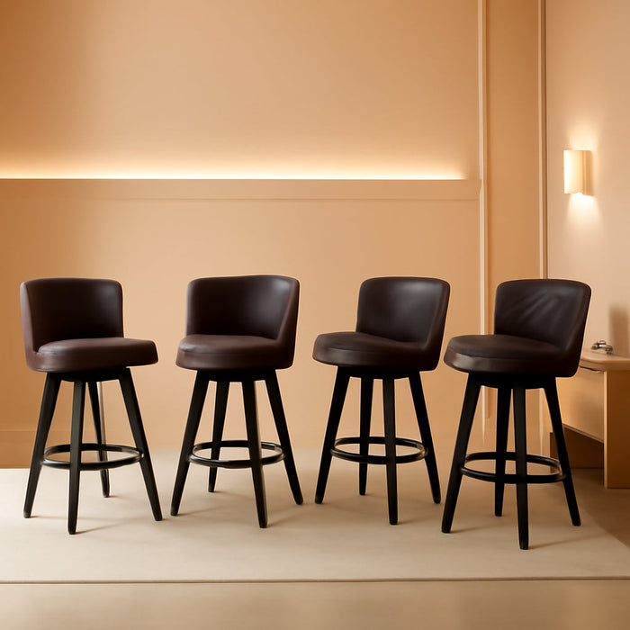 Swivel Bar Stool Set of 4, Faux Leather Low Back Counter Height Bar Stools, 27.5" Upholstered Tufted Counter Barstools with Wood Legs for Kitchen Island, Home Bar (Brown)