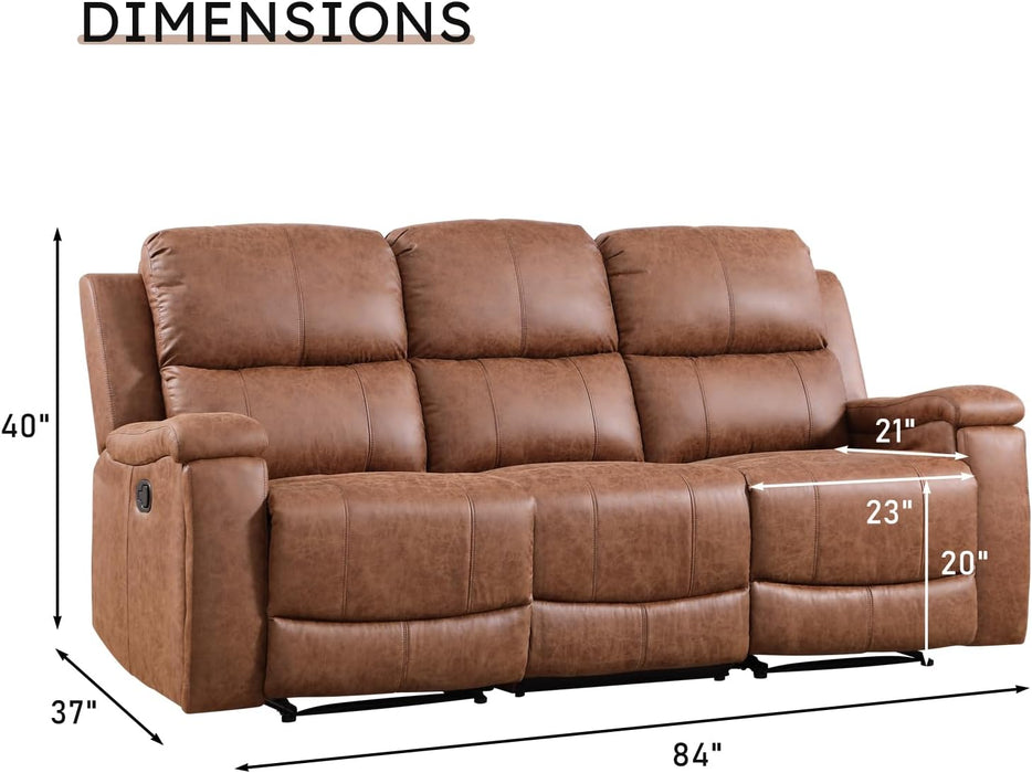 Faux Leather Manual Reclining Sofa,3 Seat Recliner Couch Sofa with Overstuffed Arms and Back,Manual Recliner Sofa Set with Concealed Cup Holders for Living Room,Brown