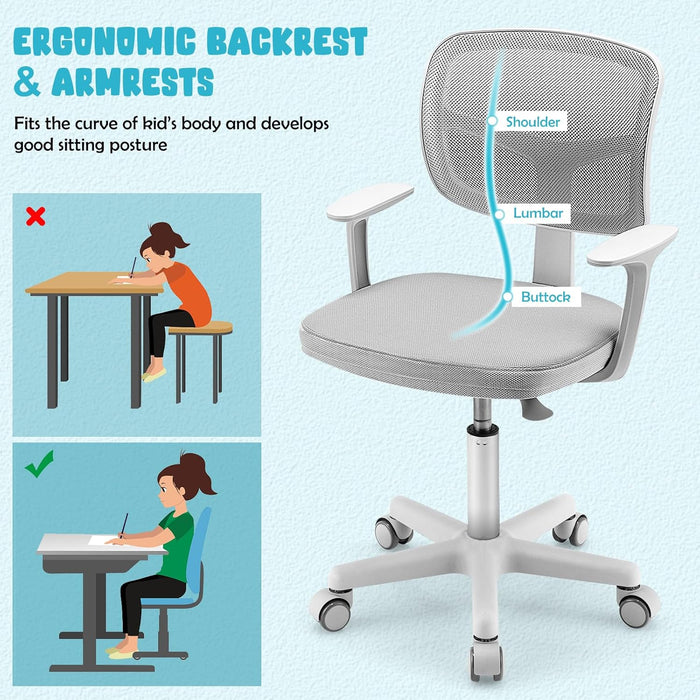 Kids Desk Chair, Ergonomic Kids Swivel Study Chair with Lumbar Support, Breathable Mesh & Universal Wheels, Height Adjustable Kids Computer Chair for Boys & Girls (Grey)