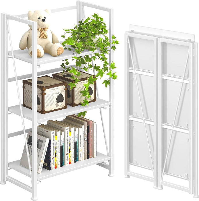 No Assembly Folding Bookshelf Storage Shelves 3 Tier Vintage Bookcase Standing Racks for Bedroom Living Room Home Office