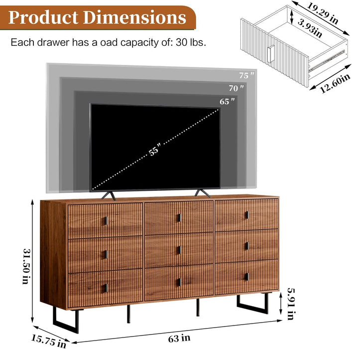 Walnut Nine Drawer Dresser Anti Tipping Reinforcement