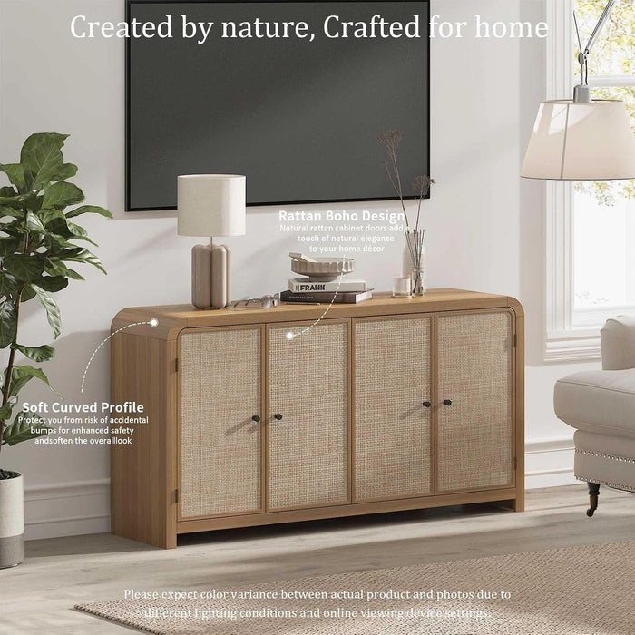 Oak Rattan Sideboard Buffet Cabinet, 60'', 4 Doors