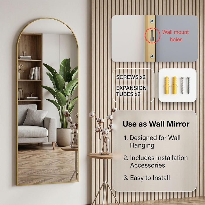 58"X20" Arched Full Length Door Mirror, Over-The-Door Hanging, Floor Standing, Wall Mounted or Leaning, Metal Frame Body Mirror for Bedroom, Living Room, Closet, Dorm, Gold