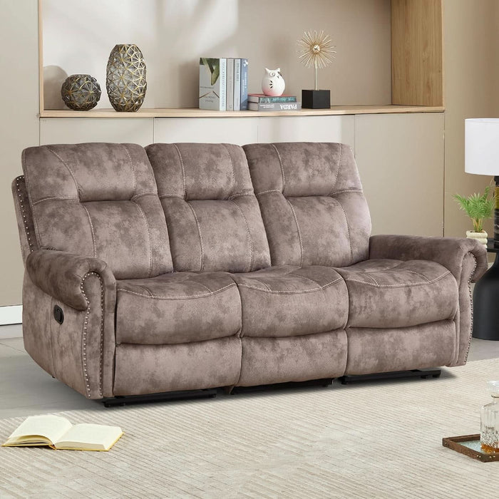 Manual Recliner 3 Seat Sofa Couch, Soft Fabric 3 Seater Reclining Couch Chair, Vintage Rivet Mid-Century Design Furniture for Living Room, Meeting Room, Brown