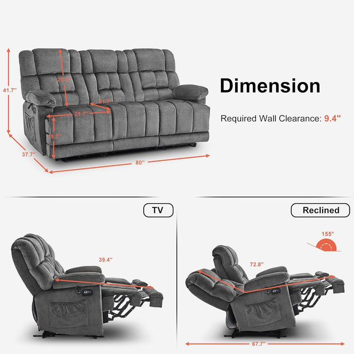 Zero Gravity Power Recliner Sofa with Drop down Table, Heat and Vibration Massage, 3 Seater Dual Reclining Couch with USB Ports, Cup Holders for Living Room, Fabric RS6236 (Grey)