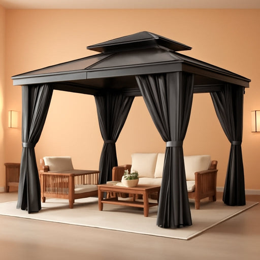 10X10Ft Gazebo Polycarbonate Hardtop Double Roof Canopy Outdoor with Netting and Shaded Curtains, Metal Frame Garden Tent for Patio, Backyard, Deck and Lawns, Grey