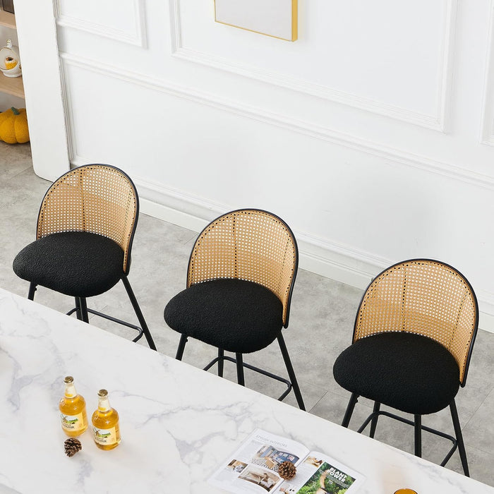 Swivel Counter Height Bar Stools Set of 3, Mid Century Modern 26" Bar Chairs with Rattan Back & Metal Legs, Upholstered Boucle Fabric Barstools Island Stools for Kitchen Counter Home Bar,Black