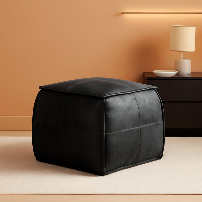 Leather Ottoman,Handmade Stuffed Square Ottoman,Genuine Leather Pouf, Foot Rest Pouf,Comfortable Soft Seating for Living Room & Bedroom (Black, Square)