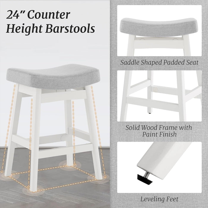 Bar Stools Set of 2, Barstools with Sturdy Wood Legs, Saddle Seat Counter Height Bar Stools for Kitchen Counter, Bar, Dining, 24 Inch Farmhouse Counter Stools, Light Gray