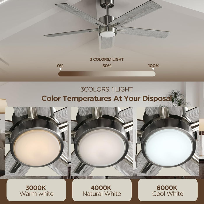 52 Inch Ceiling Fan Brushed Nickel Remote Controlled Dimmable Light Combo - Quiet Reversible - 5 Grey Blades