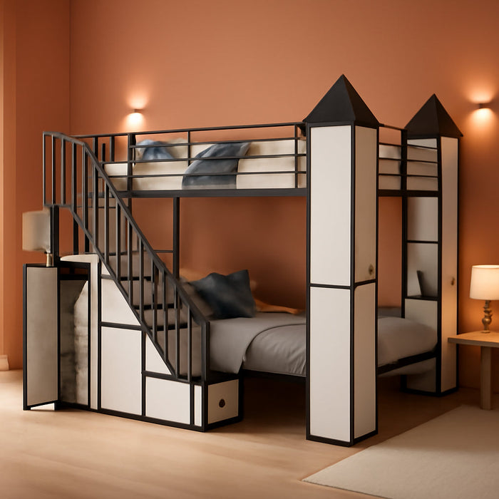 Twin over Twin Metal Bunk Bed with Stairs and Storage Wardrobe, Castle-Shaped Bunk Bed Heavy-Duty Steel Frame, Noise Free,For Kids Teens Adults, Black+White