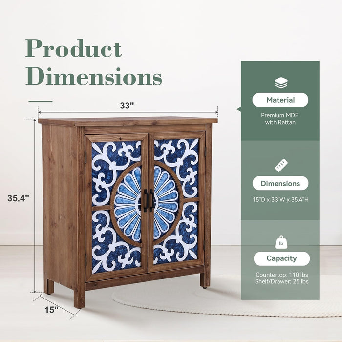 Accent Storage Cabinet with 2 Doors, Wood Distressed Porcelain Front Buffet Sideboard Storage Cabinets Display Cabinet for Living Room Entryway Kitchen, Wood and Blue