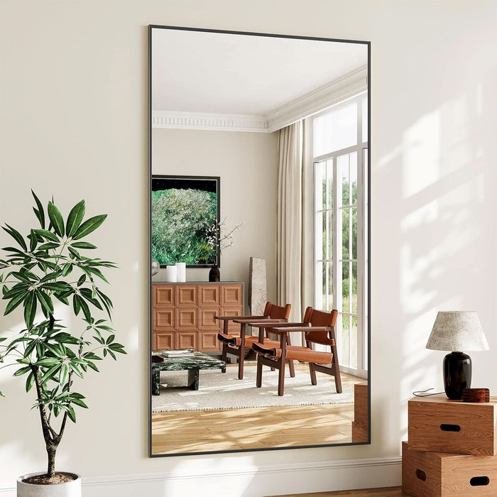 77"X38" Floor Mirror Full Length, Bedroom Floor Body Mirror with Stand, Large Black Mirror, Leaning, Standing or Hanging Horizontally/Vertically