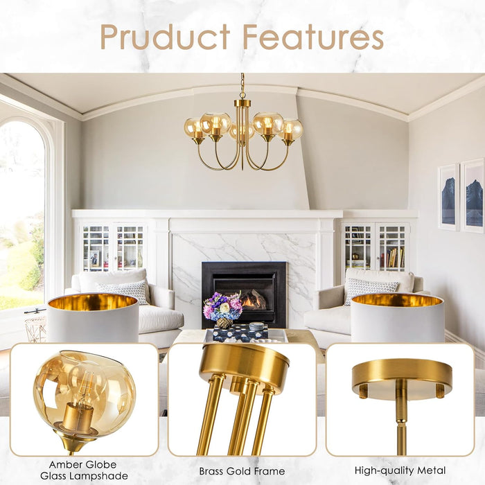 Translucent Amber Glass Five Light Globular Chandelier